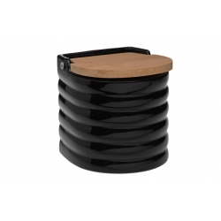 Salero ceramica tapa bambu semicircular grabado negro rayas